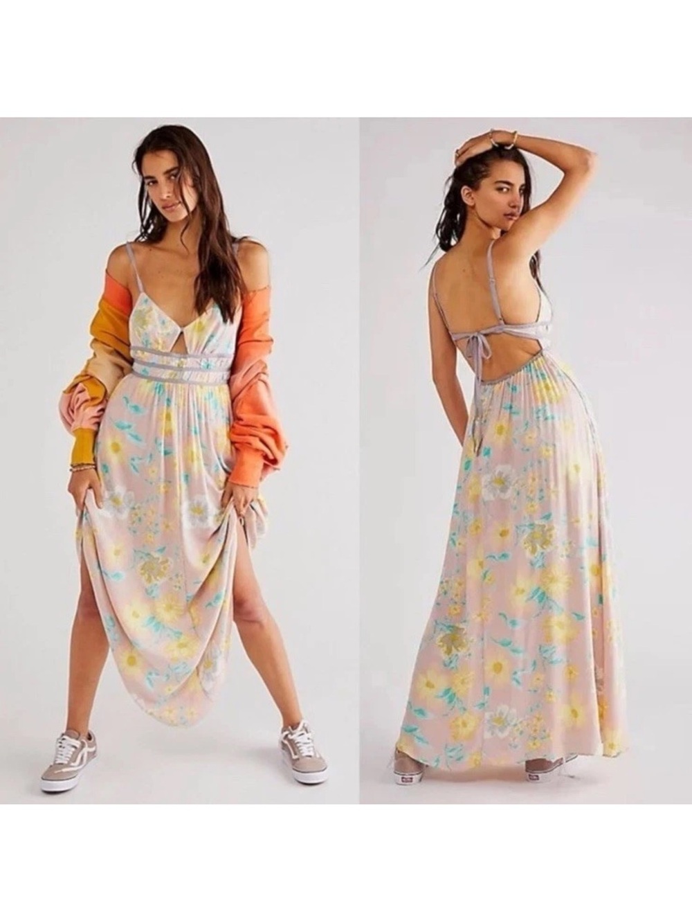 Free People Pastel Floral Backless Maxi Dress - Pink, Yellow, Aqua